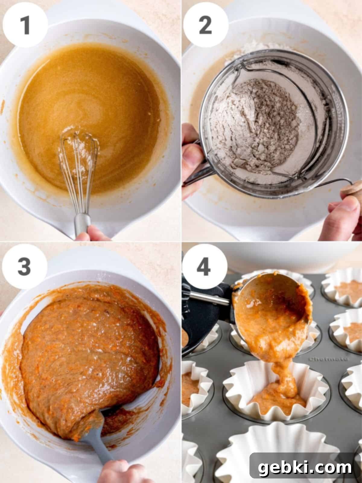Perfect Carrot Cake Cupcakes 4 4-photo collage showing how to make carrot cake batter and distribute it into cupcake liners.