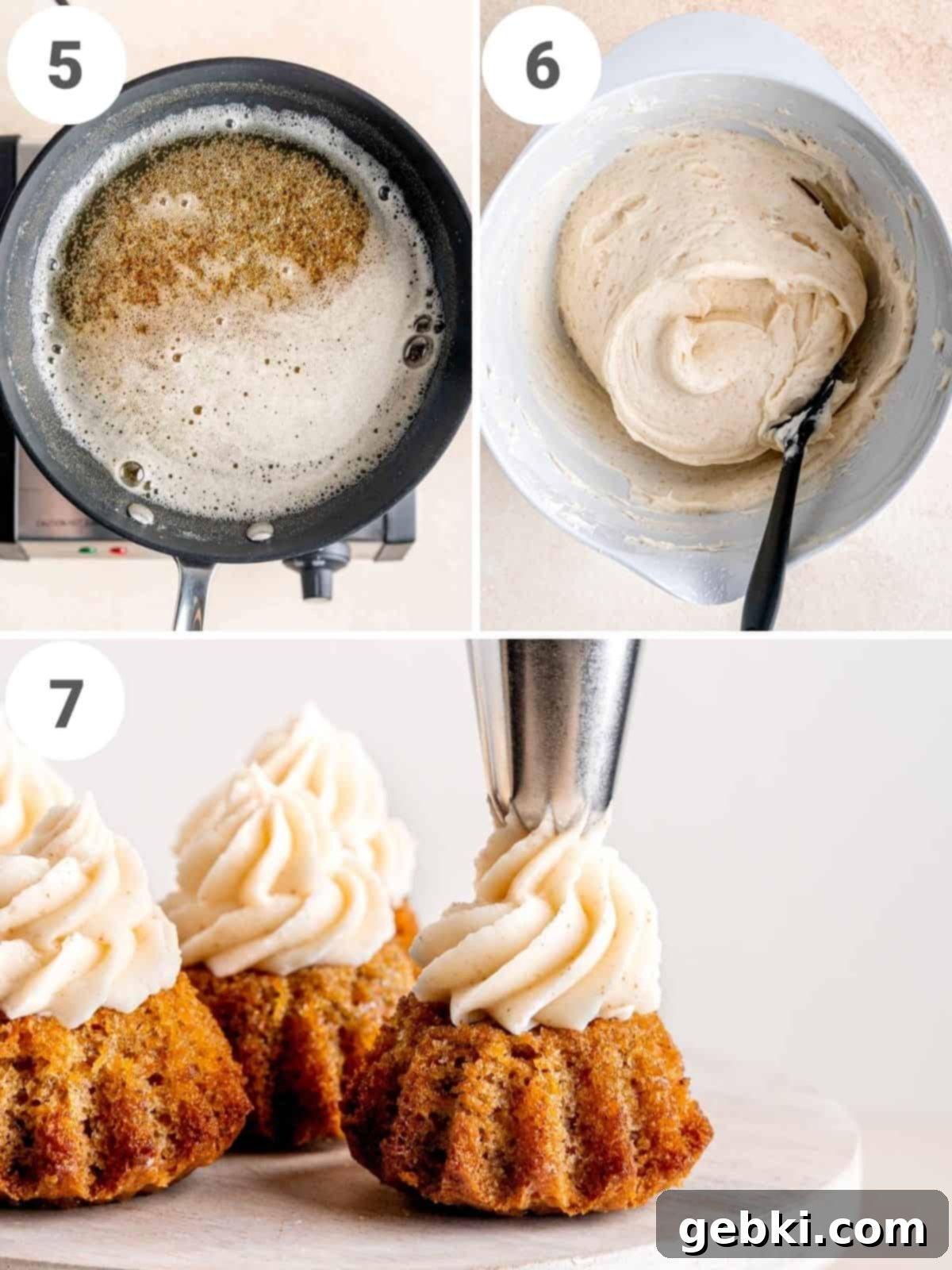 Perfect Carrot Cake Cupcakes 5 3-photo collage showing the steps of making browned butter cream cheese frosting and piping it onto cupcakes.