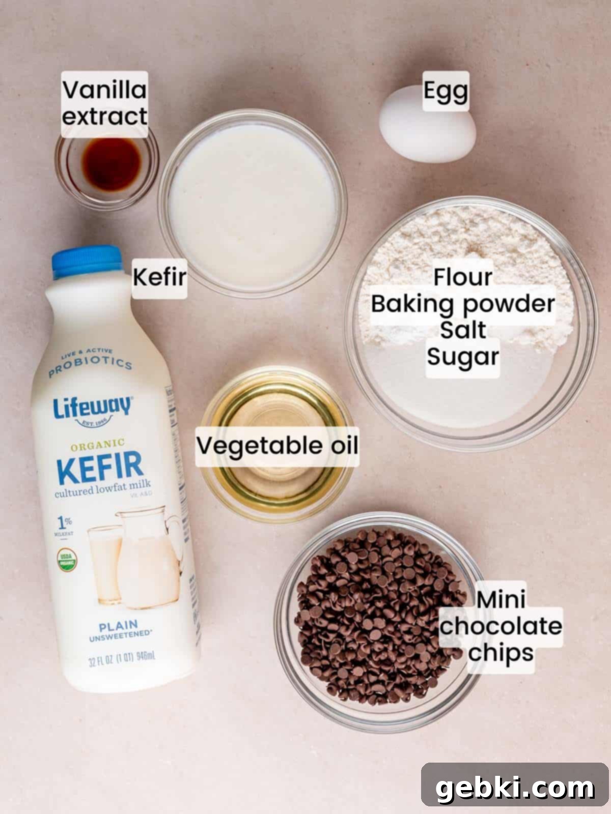 Ingredients needed to make chocolate chip mini muffins.