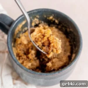 Speedy Eggless Banana Bread Mug Cake 12 A bite of warm, soft banana bread mug cake on a spoon, topped with a few chocolate chips.
