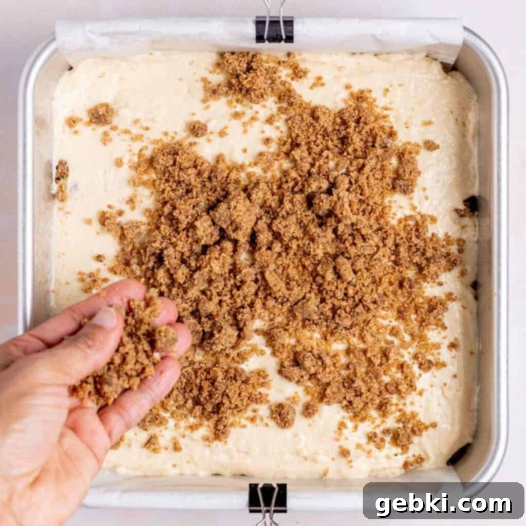Tangy Sourdough Discard Coffee Cake 8 Sprinkling cinnamon crumb topping over a layer of sourdough coffee cake batter in a square baking pan.
