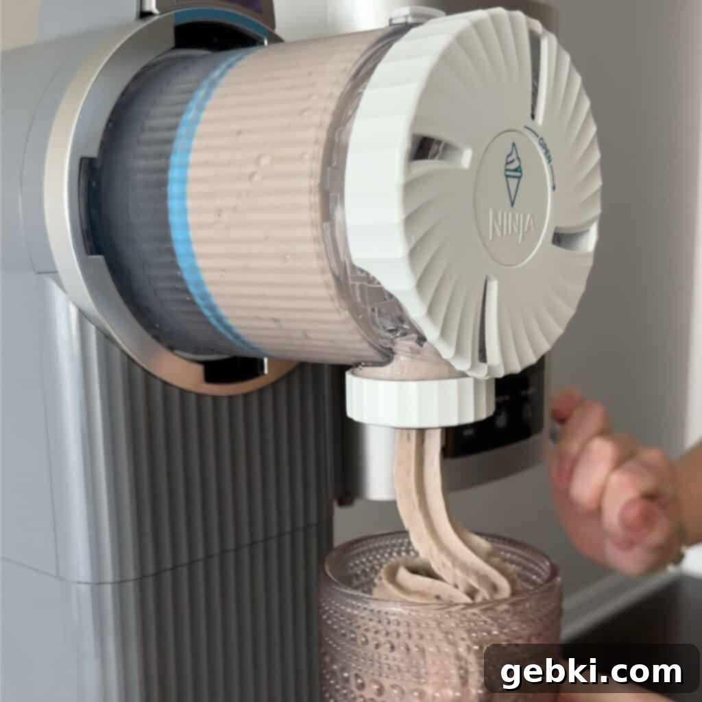 Simple Ninja Creami Cookies and Cream Kefir Ice Cream 10 Kefir cookies and cream ice cream coming out of the Ninja Creami Swirl dispenser.