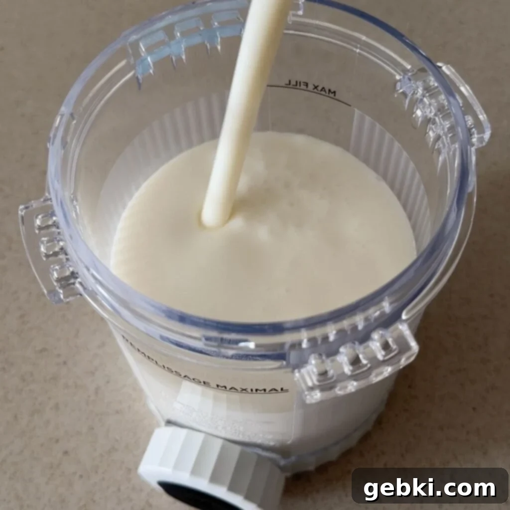 Simple Ninja Creami Cookies and Cream Kefir Ice Cream 5 Pouring kefir ice cream mixture into a Ninja Creami pint.
