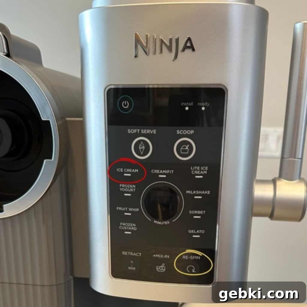 Simple Ninja Creami Cookies and Cream Kefir Ice Cream 7 A Ninja Creami ice cream maker with the Ice Cream and Re-Spin settings circled.