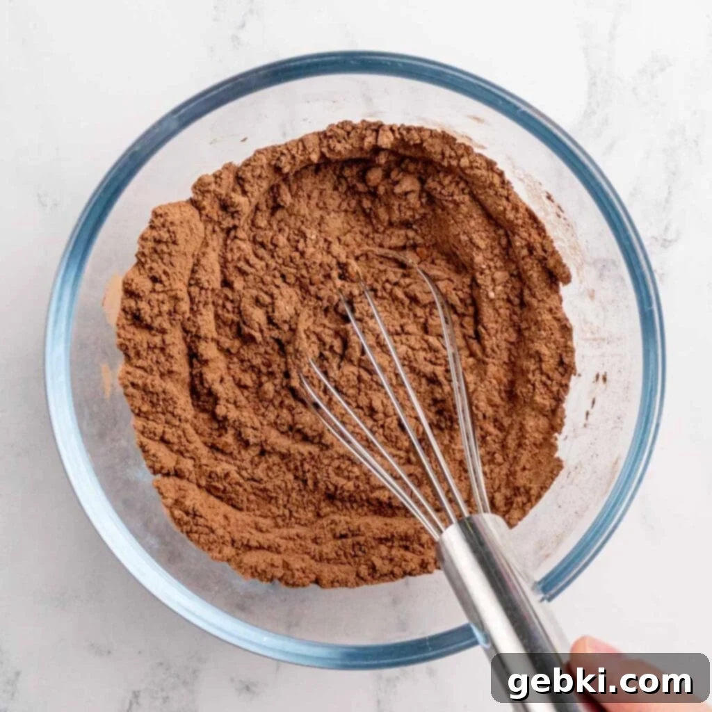 Whisking all-purpose flour, cocoa powder, and salt in a bowl.