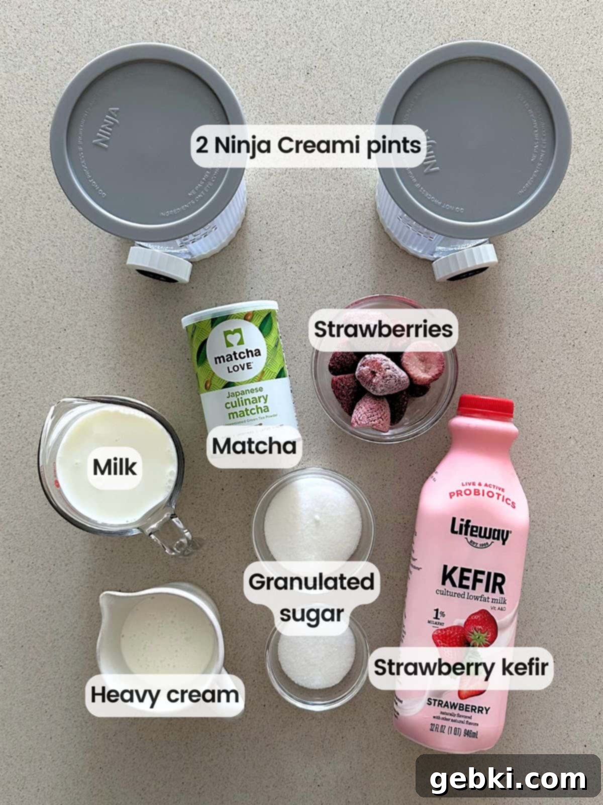 Strawberry Matcha Ninja Creami Treat 3 Ingredients needed to make strawberry matcha ice cream with a Ninja Creami.