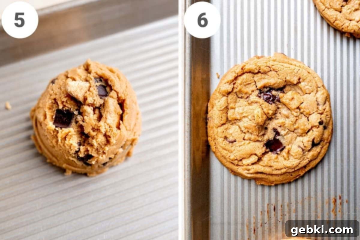 Blissful Cookie Butter Bites 6 Collage showing a cookie dough ball and a baked cookie on a baking sheet.