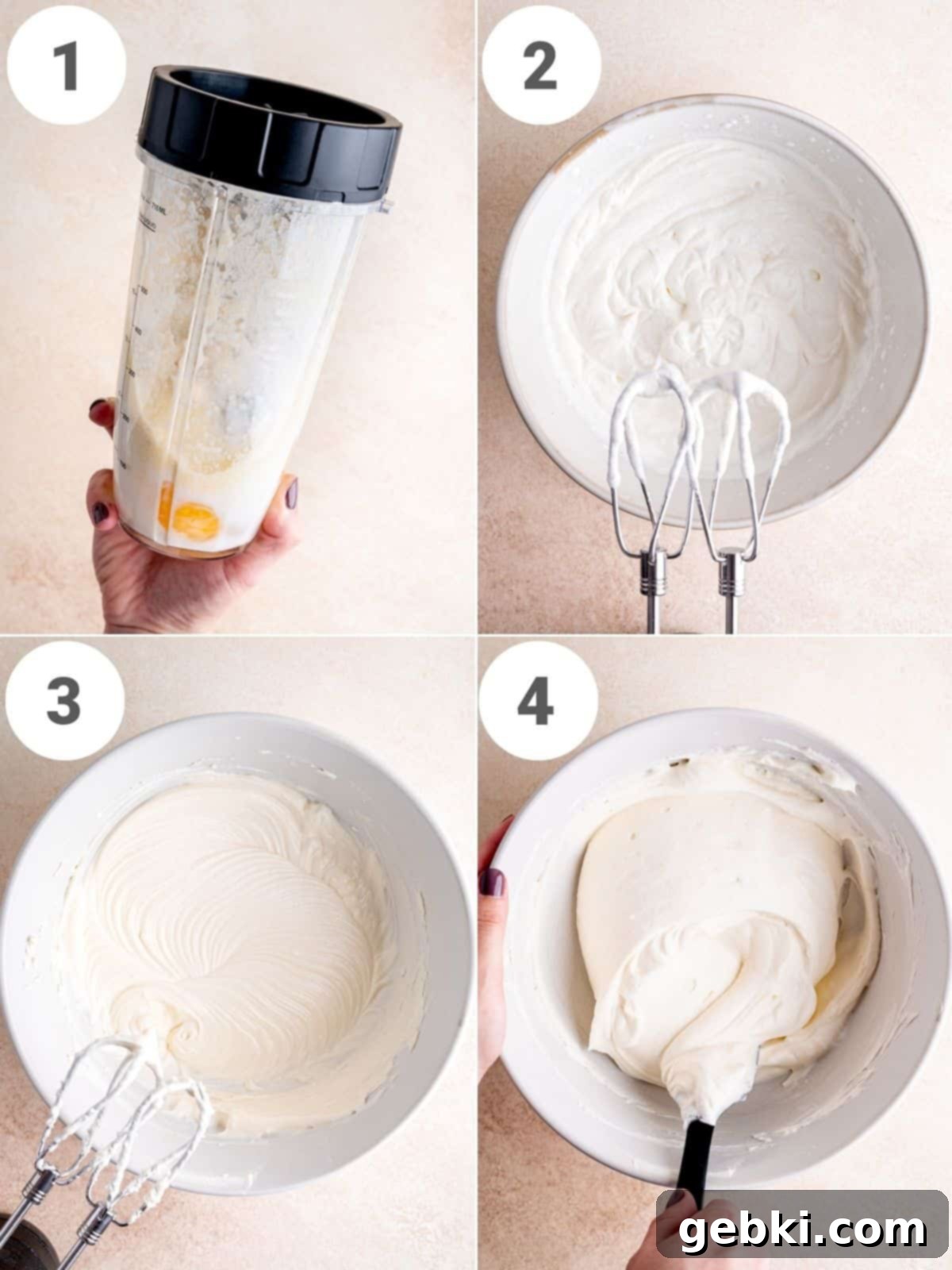 Four step-by-step photos illustrating how to prepare the creamy no-bake cheesecake filling.