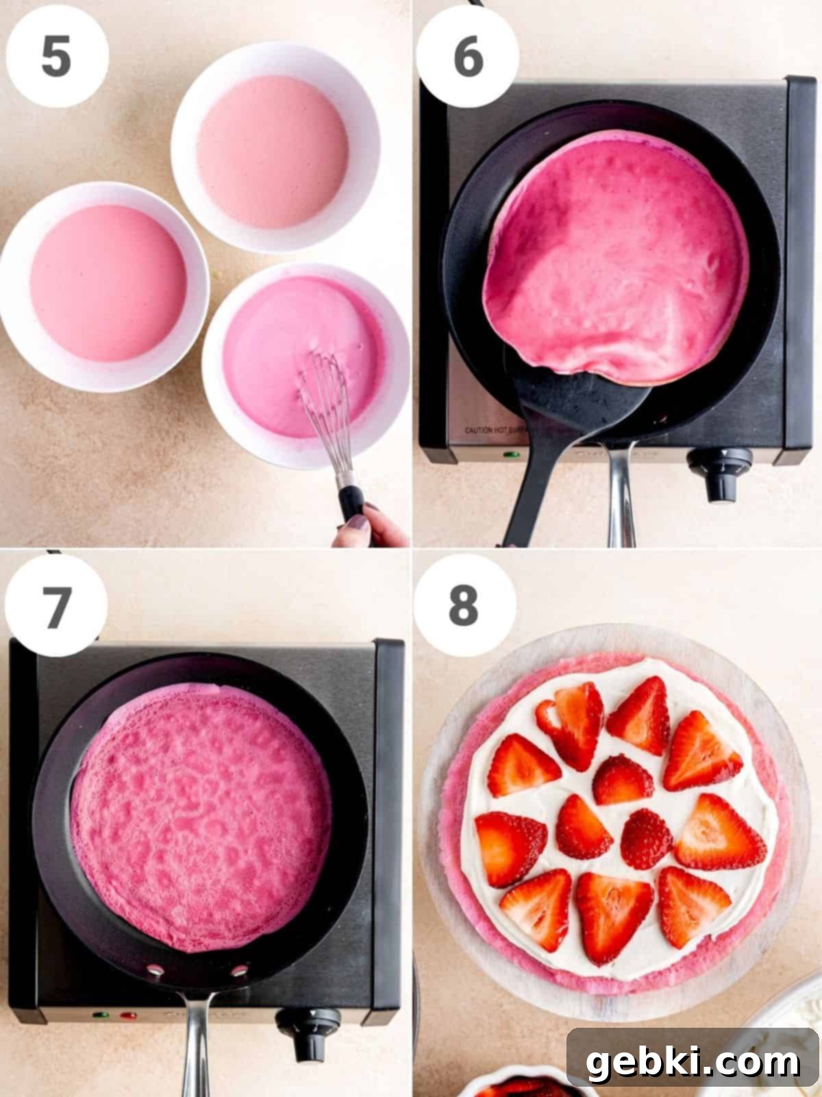 Four step-by-step photos demonstrating how to optionally dye crepe batter, cook the crepes, and then assemble the layers with cream cheese filling and strawberries.