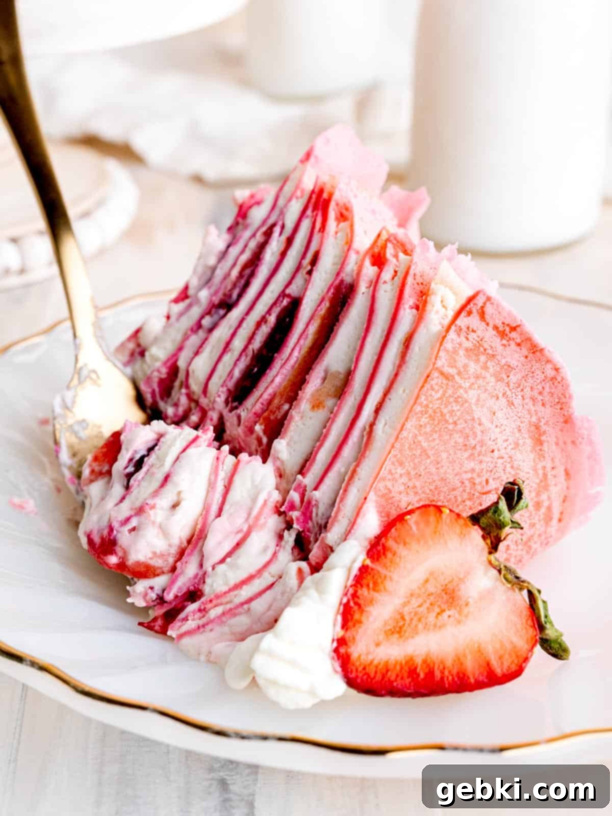 A perfectly sliced portion of strawberry crepe cake, showcasing its beautiful layers of crepe, cream, and strawberries, served on a white plate with a fork.