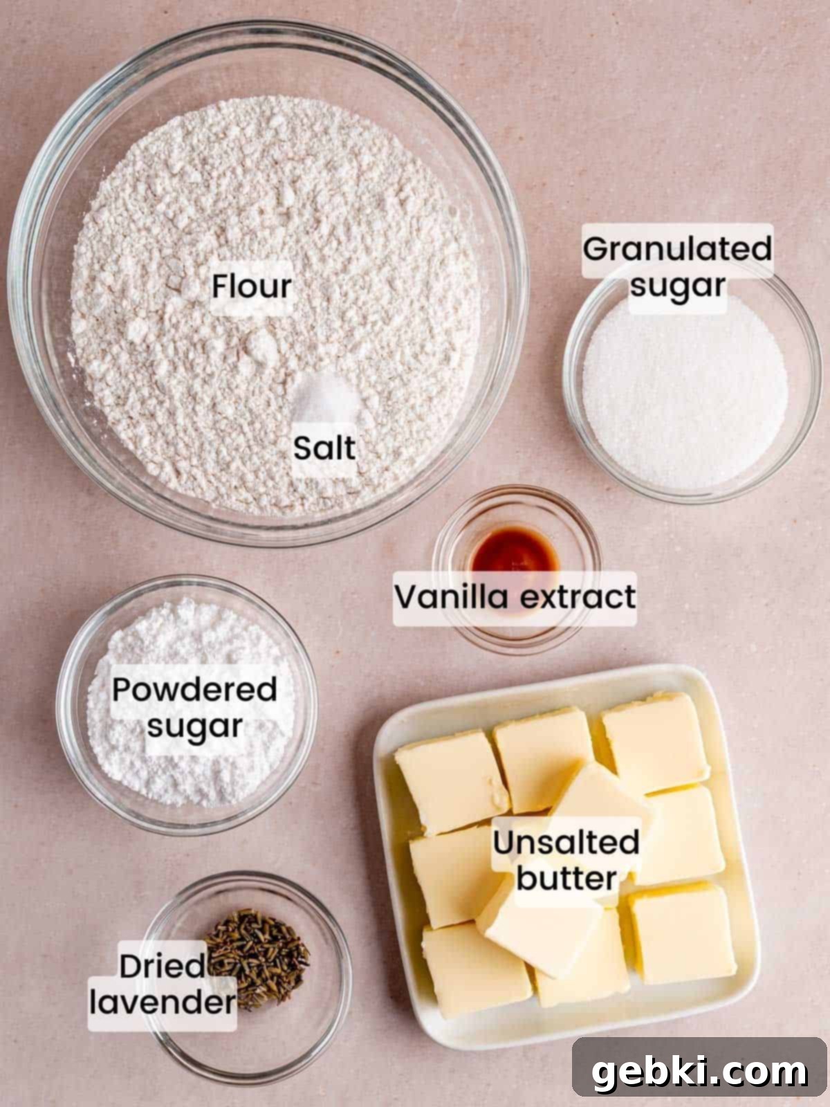 Ingredients needed to make lavender shortbread cookies.