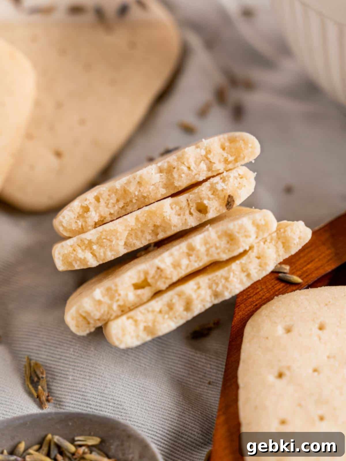 Shortbread cookies with lavender cut in half.