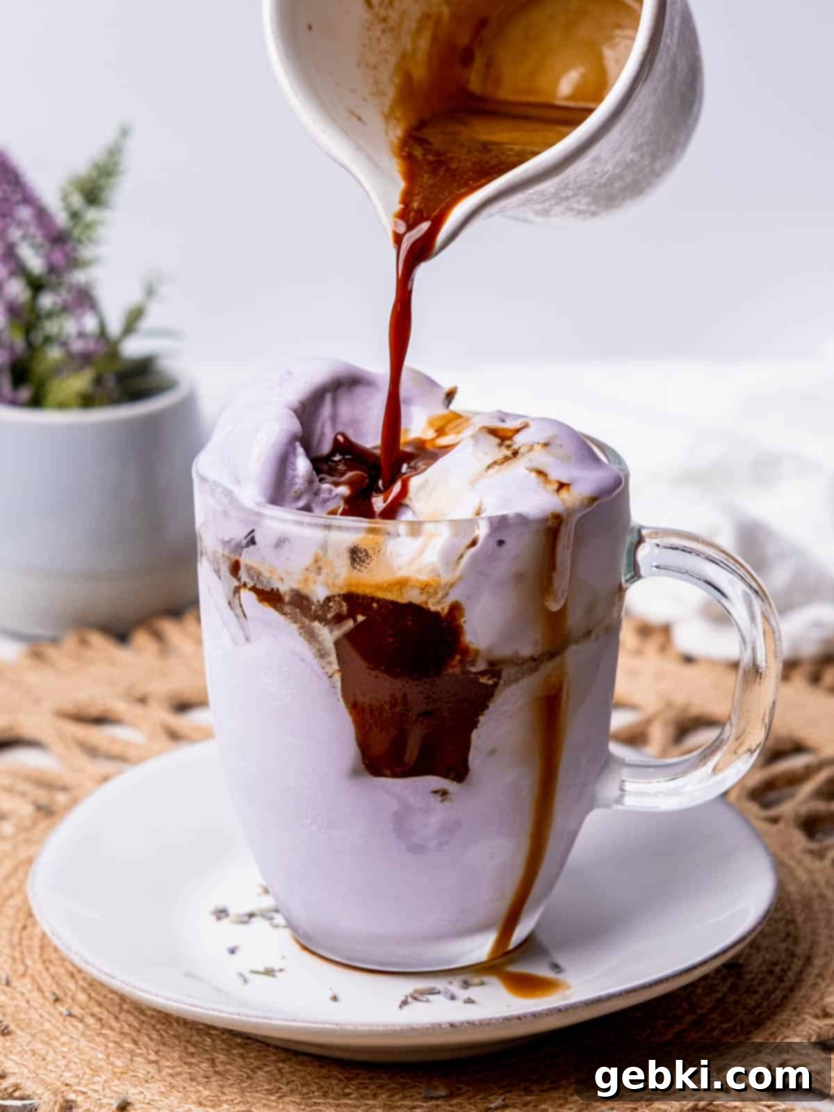 Lavender Honey Dream 8 Pouring espresso over a cup filled with honey lavender ice cream.