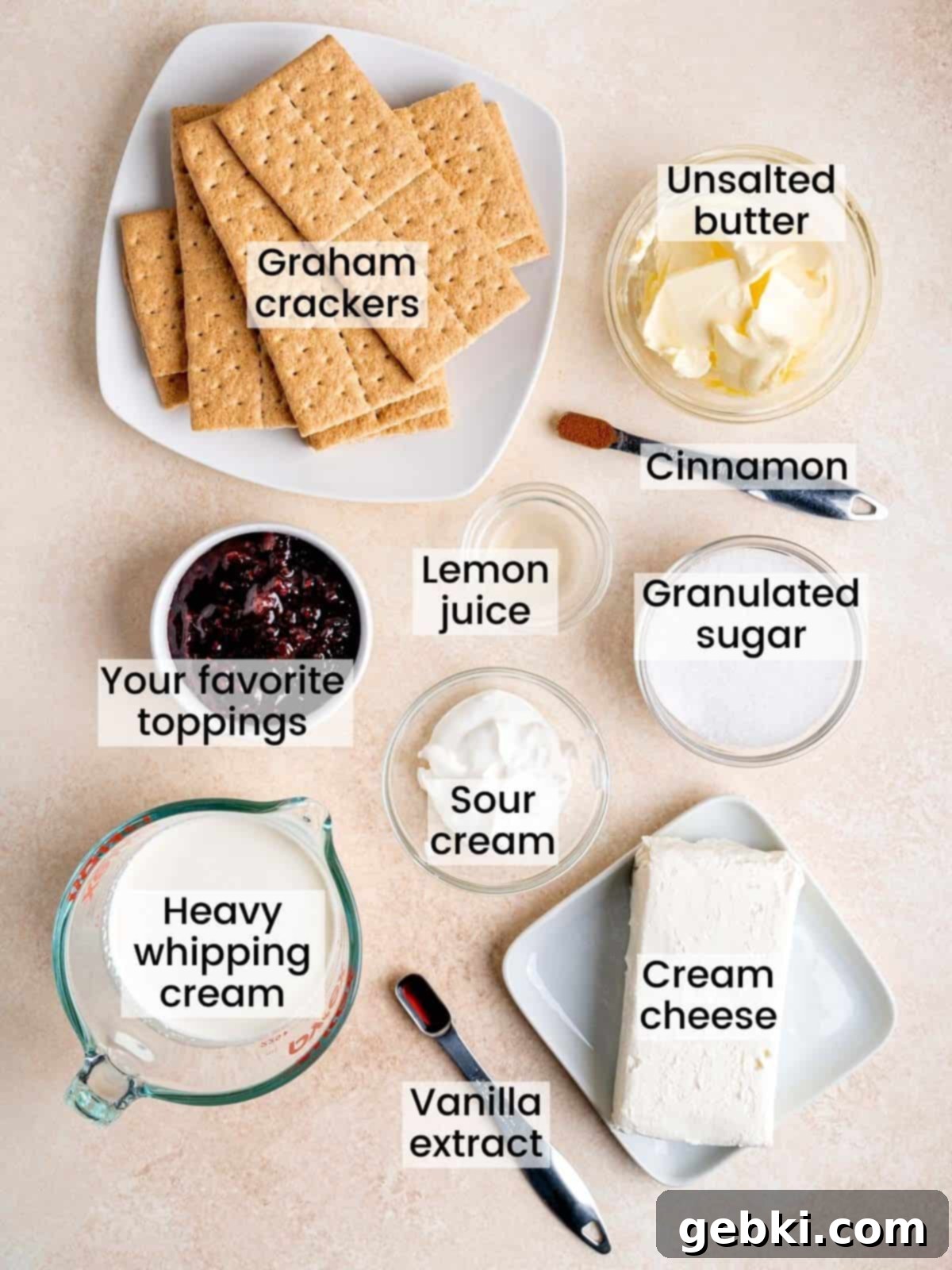 Ingredients needed to make no bake cheesecake bites.