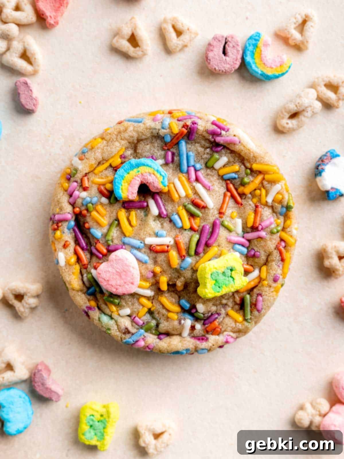 A festive Lucky Charms cookie, generously adorned with rainbow sprinkles and Lucky Charms marshmallows, surrounded by Lucky Charms cereal pieces on a wooden surface.