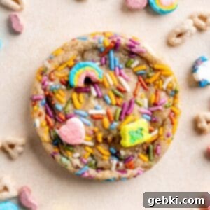 A beautifully baked Lucky Charms cookie with colorful marshmallows and sprinkles.