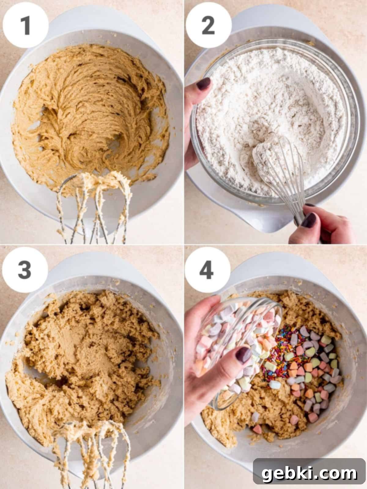 A four-panel collage illustrating the initial steps of making Lucky Charms cookie dough: creaming butter and sugars, whisking dry ingredients, combining wet and dry, and folding in sprinkles and marshmallows.