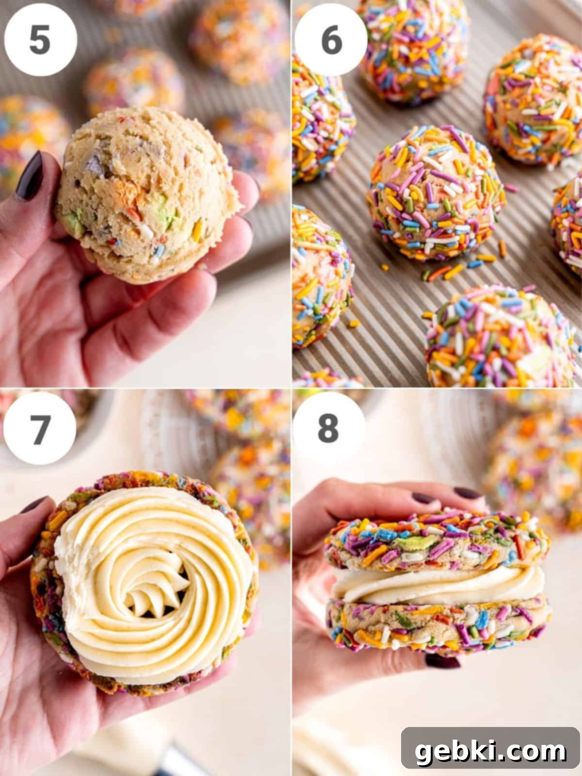 A four-panel collage depicting the final steps of baking Lucky Charms cookies, including rolling dough in sprinkles, baked cookies on a sheet, and assembled cookie sandwiches with buttercream.