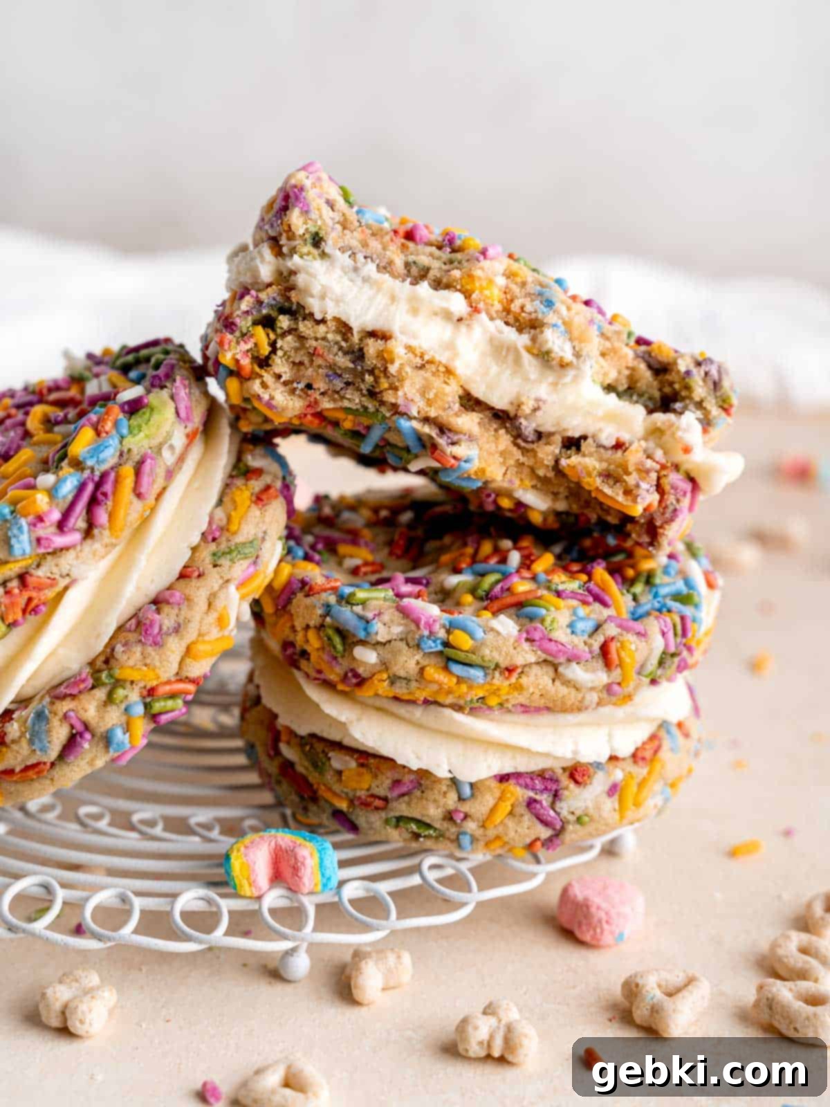 A stack of delightful Lucky Charms cookie sandwiches with a bite taken out of the top one, revealing the creamy vanilla buttercream filling.