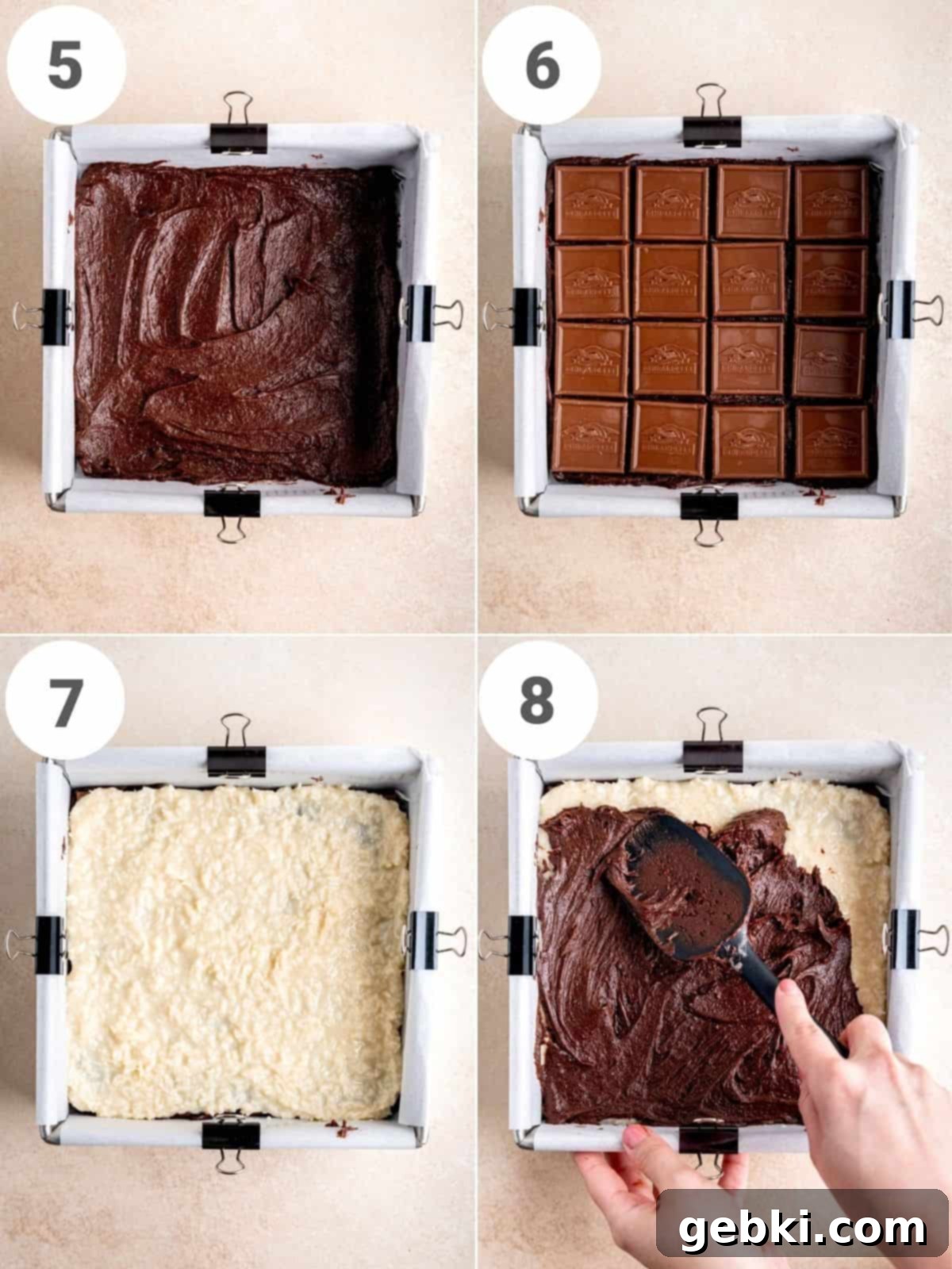 Samoa Caramel Coconut Brownies 5 Collage showing how to layer the brownie batter, chocolate caramel squares and coconut filling for Samoa brownies.