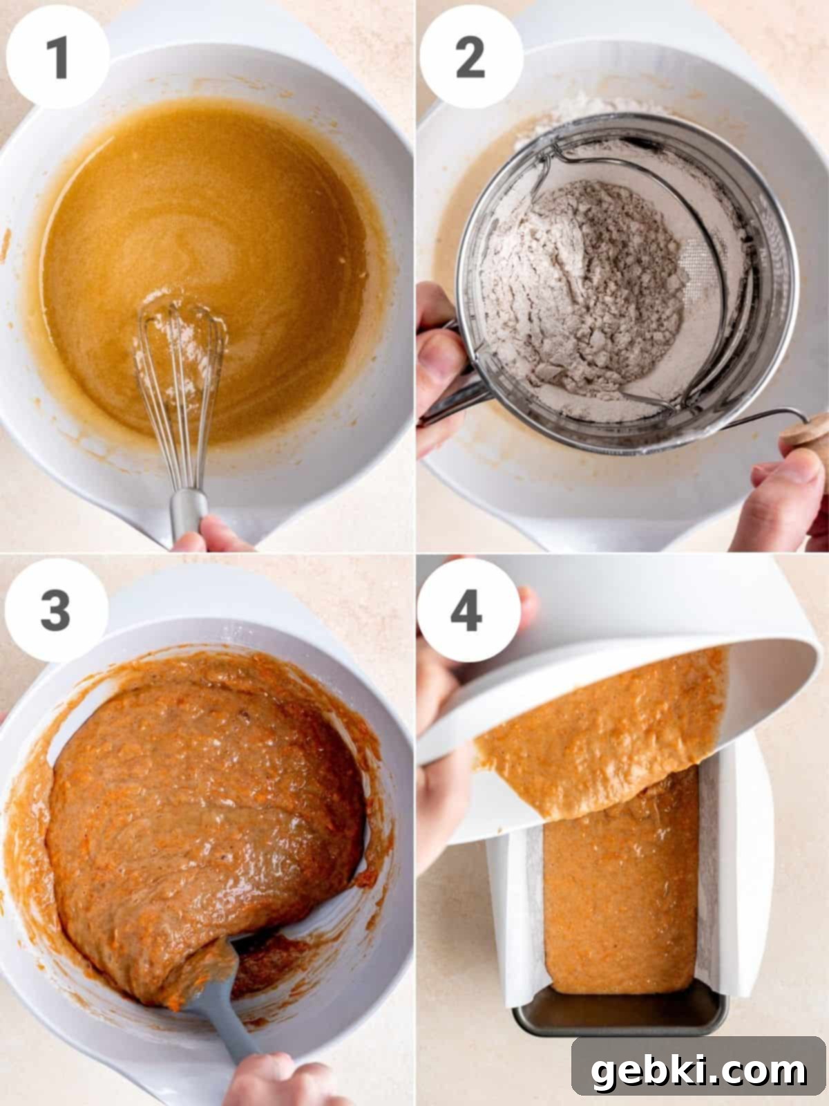 A 4-photo collage showing how to make carrot cake bread batter.