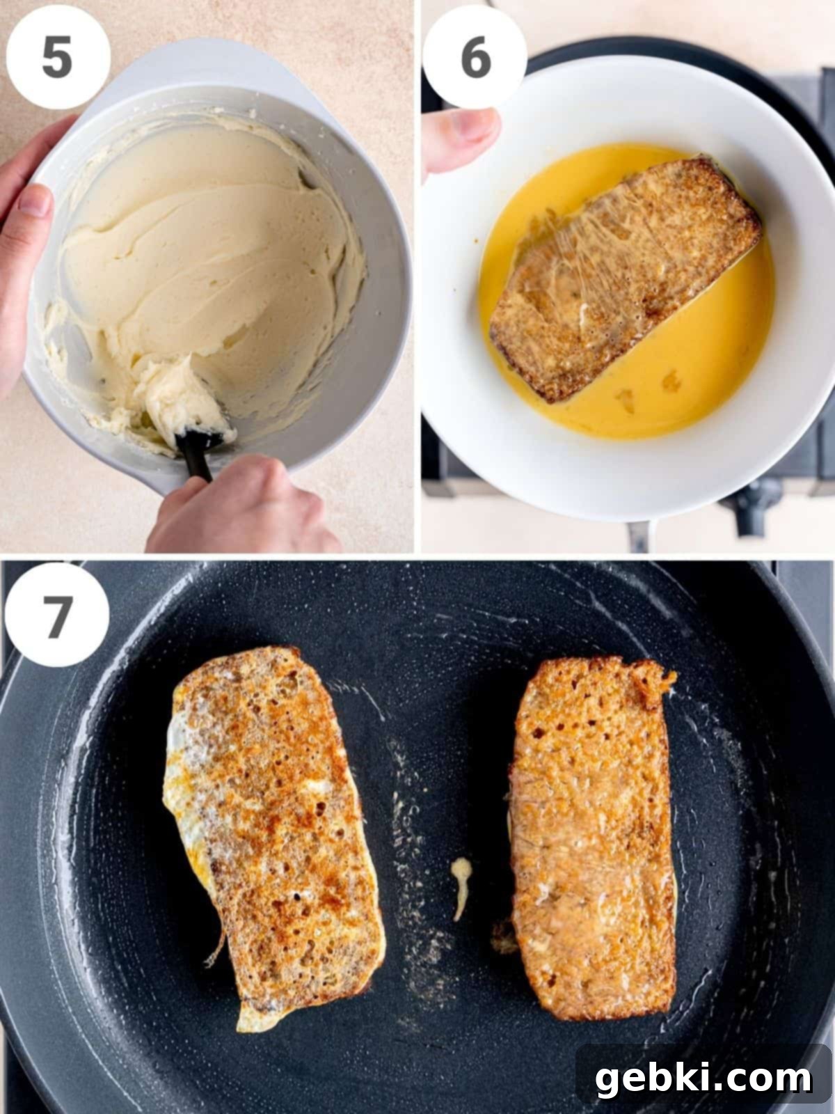 A 3-photo collage showing how to make cream cheese frosting and dip carrot cake French toast into egg wash before cooking.