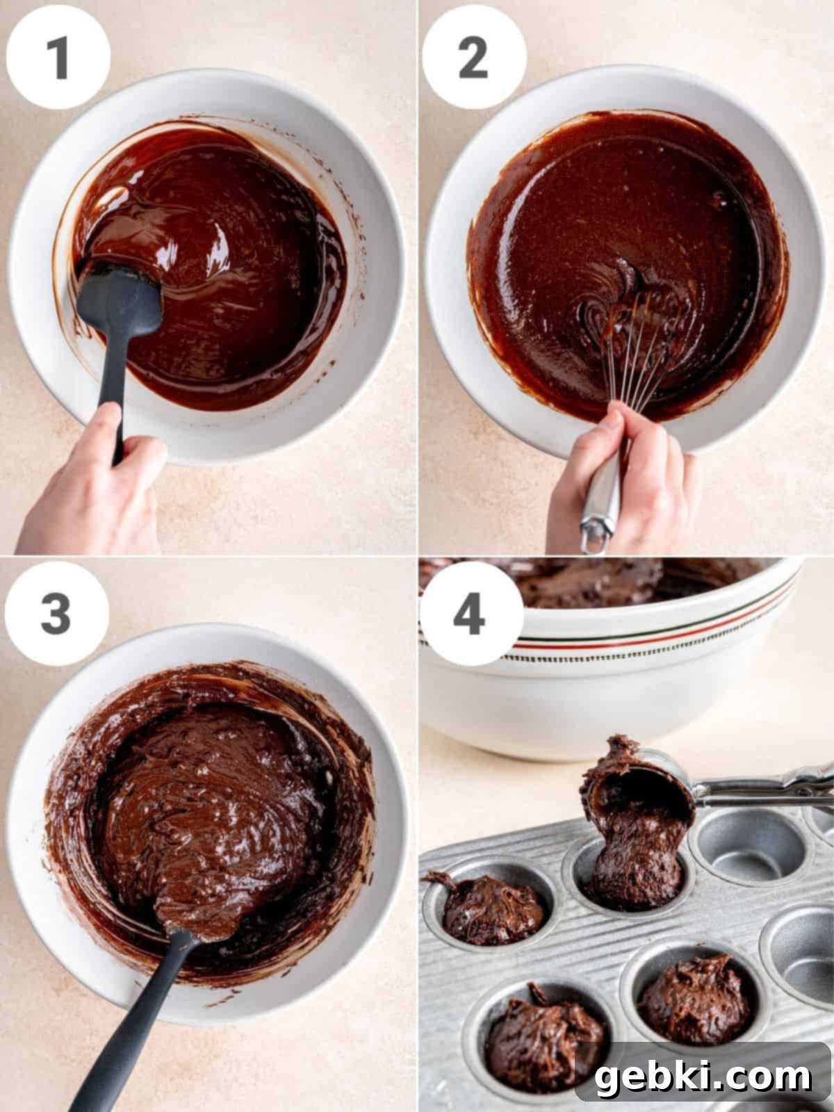 Perfectly Poppable Brownies 4 Collage showing how to make brownie bite batter.