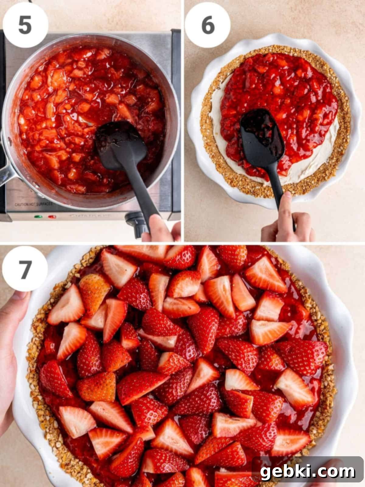 A 3-photo collage showing how to make strawberry preserves and layer them on a cream cheese pie, culminating in the finished topping.