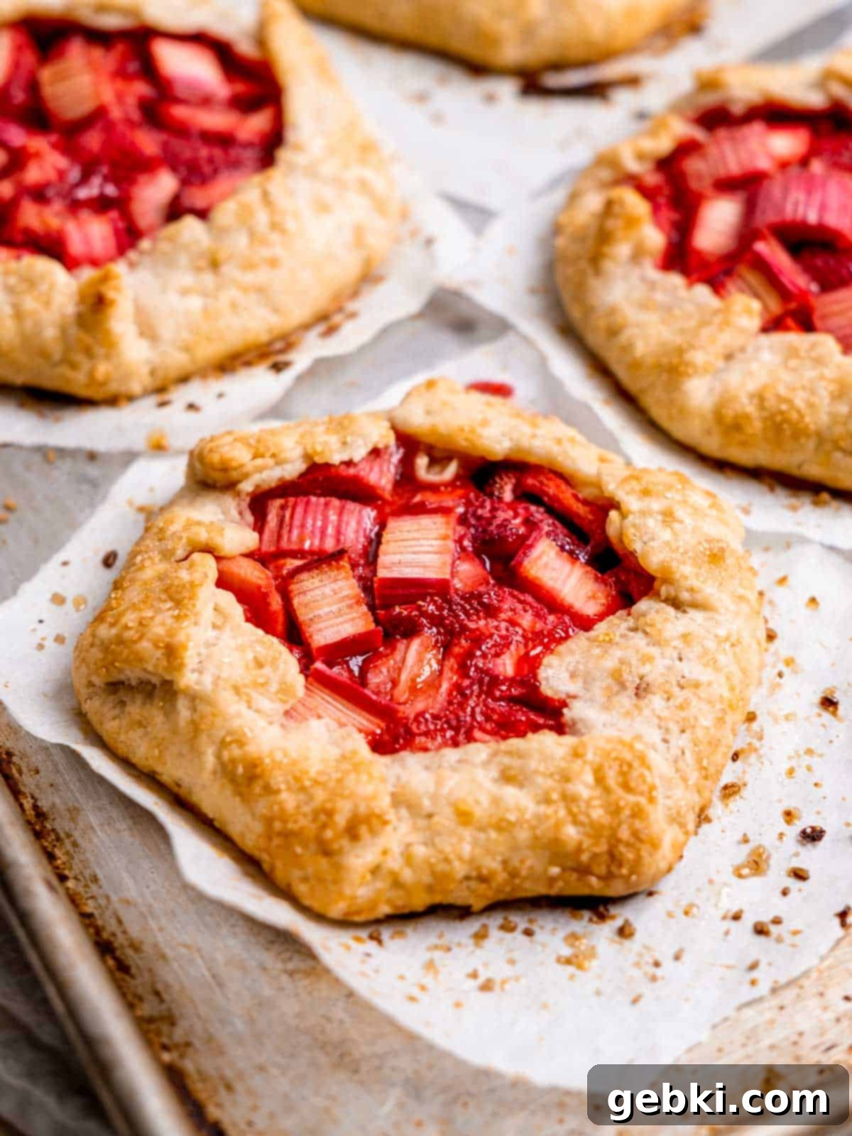 Close up of a mini strawberry rhubarb galette.