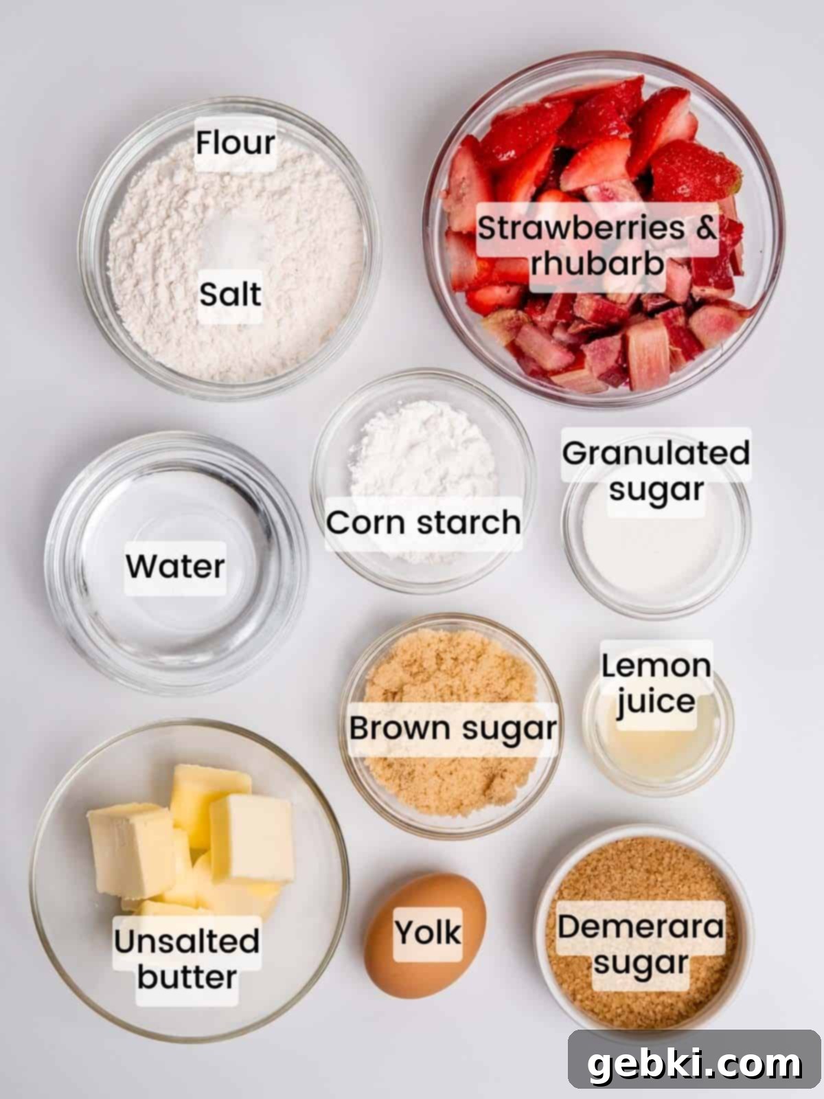 Ingredients needed to make mini strawberry rhubarb galettes.