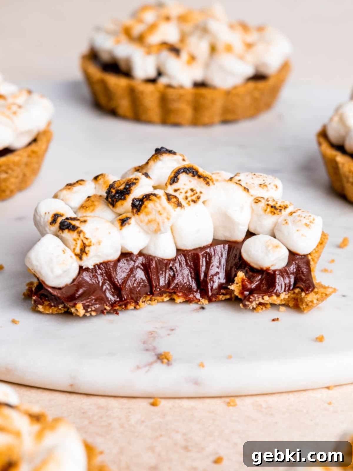 Peanut Butter S'mores Bites 2 A peanut butter s'mores tartlet cut in half so you can see the silky smooth chocolate ganache between the torched mini marshmallows and peanut butter graham cracker crust.