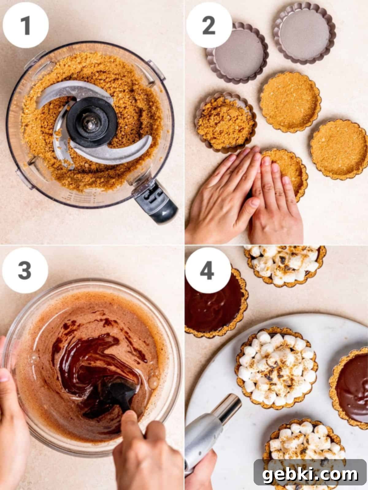 Peanut Butter S'mores Bites 4 A 4-photo collage showing how to make s'mores tartlets.