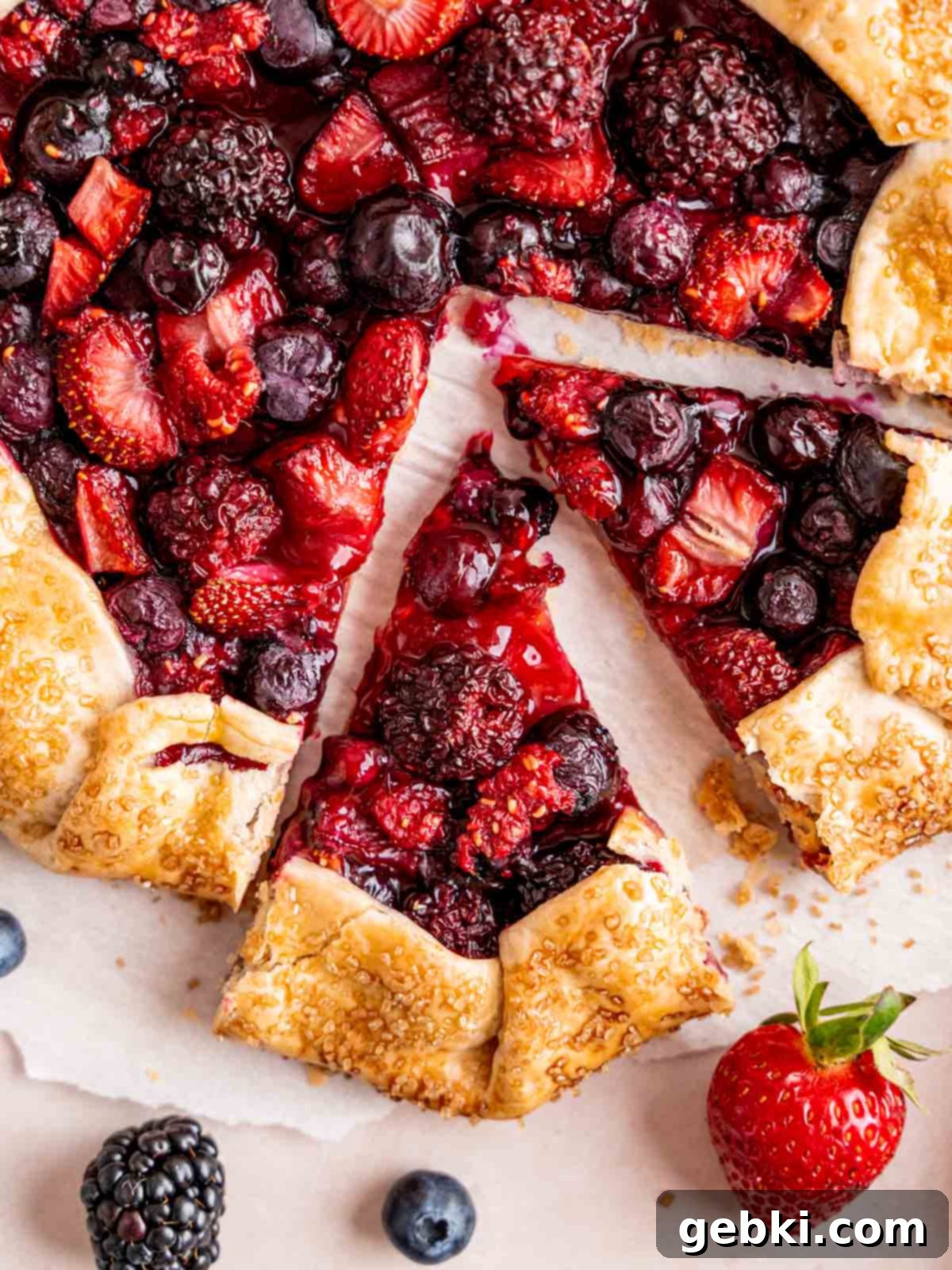 A mixed berry galette with two slices cut into it, showing the vibrant berry filling and golden crust.