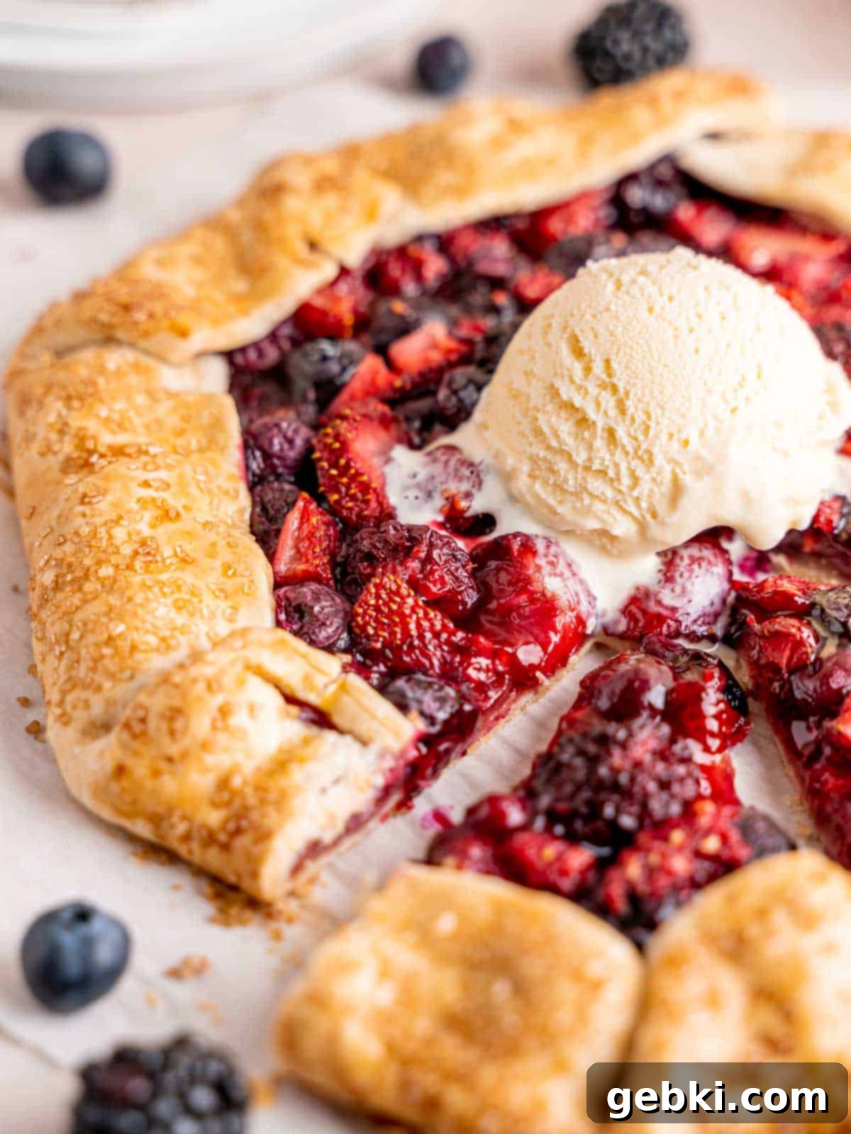 A mixed berry galette with a scoop of vanilla ice cream on top, ready to be enjoyed.
