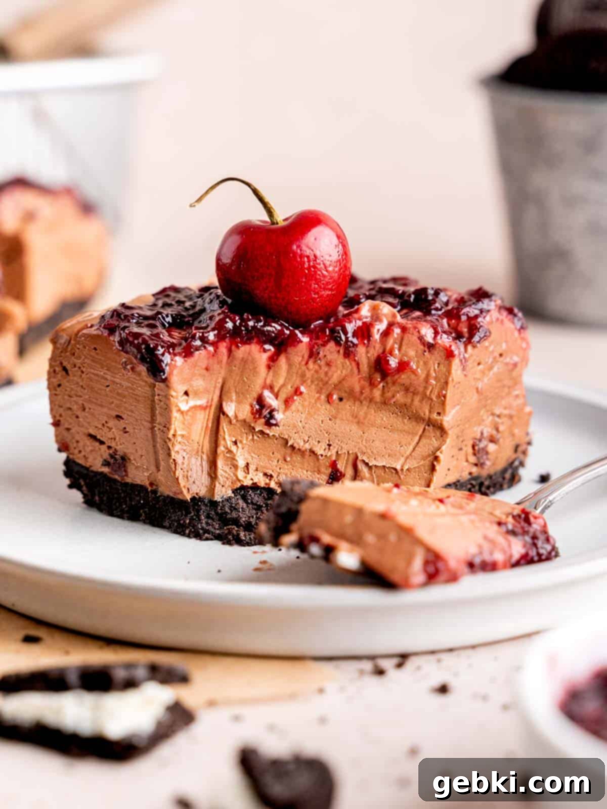 No-Bake Chocolate Cherry Cheesecake 1 A creamy no bake chocolate cherry cheesecake slice with a bite taken out.