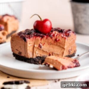 No-Bake Chocolate Cherry Cheesecake 15 A slice of creamy no bake chocolate cherry cheesecake on a plate with a bite taken out.