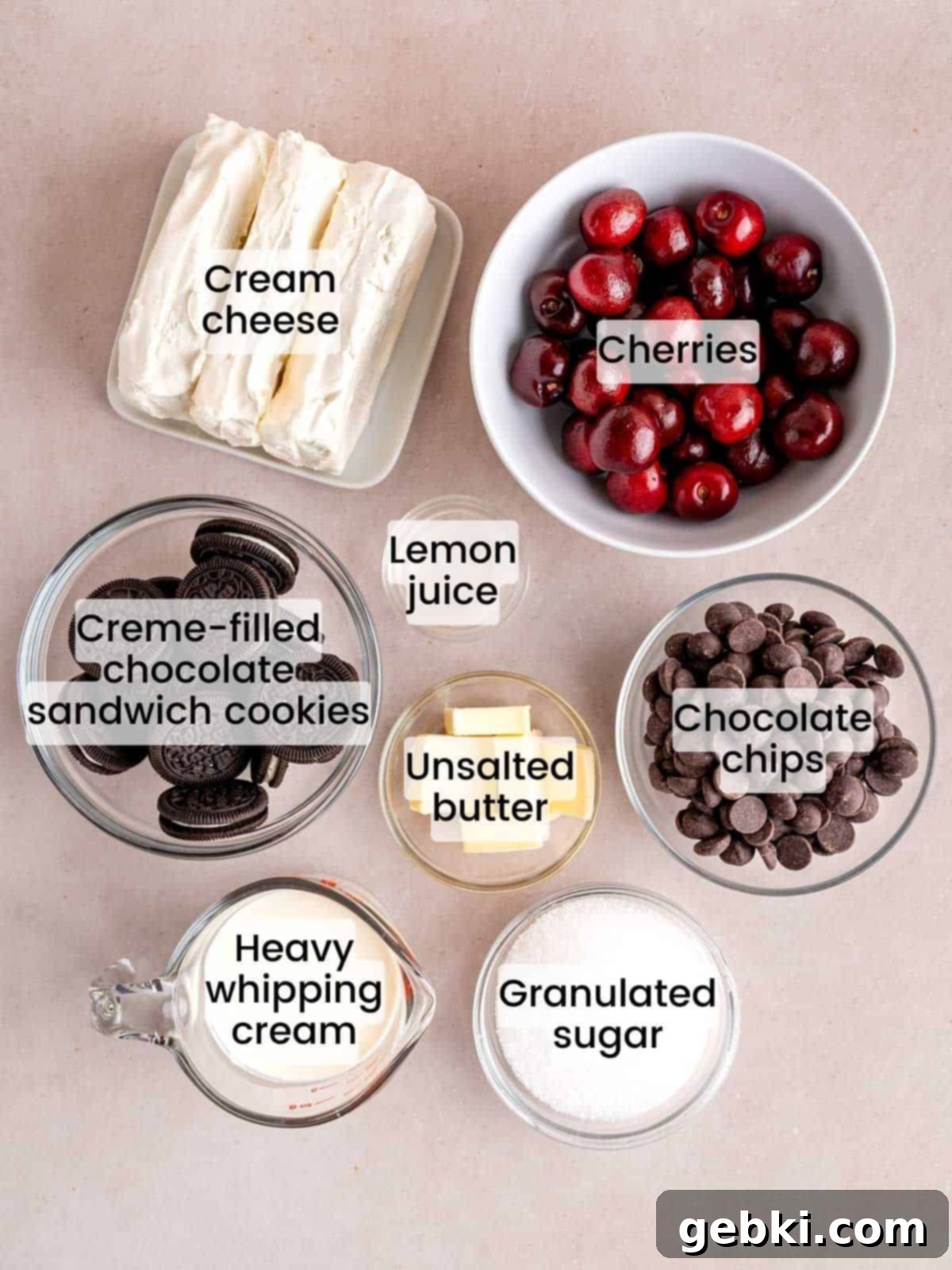 No-Bake Chocolate Cherry Cheesecake 2 Ingredients needed to make a no bake chocolate cherry cheesecake with an Oreo crust.