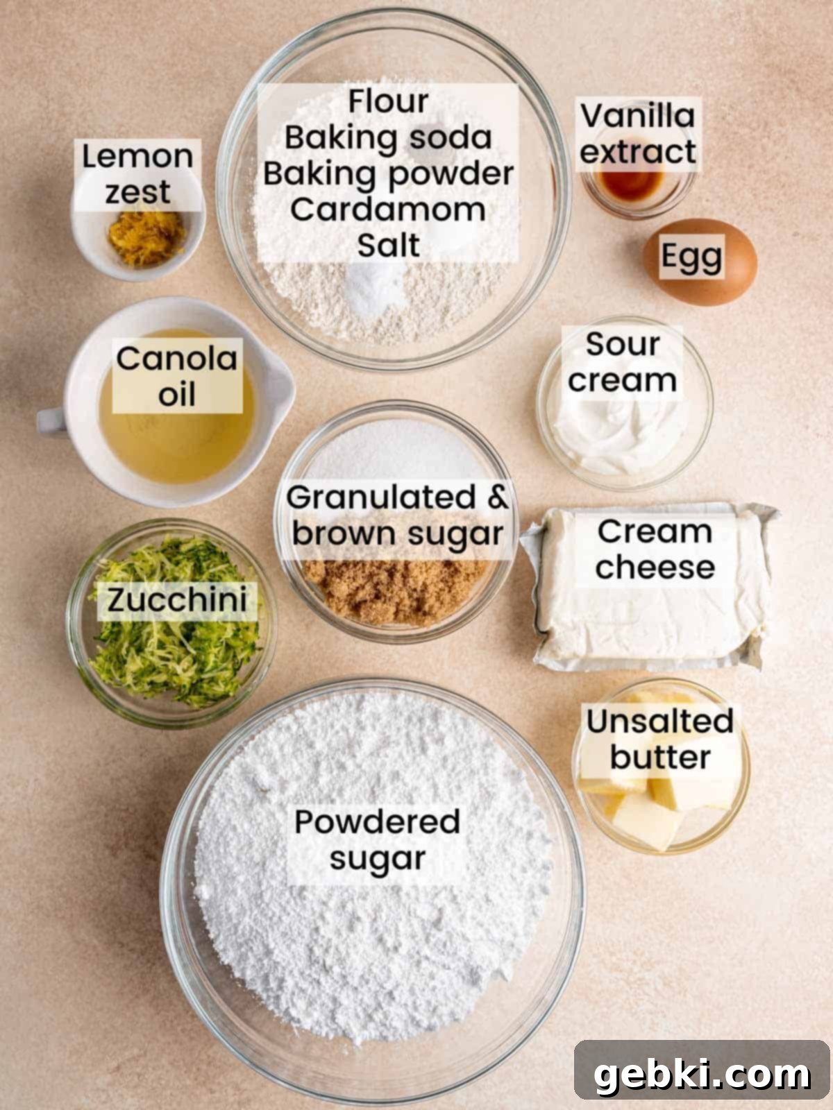 Ingredients needed to make lemon zucchini cupcakes with cream cheese frosting.