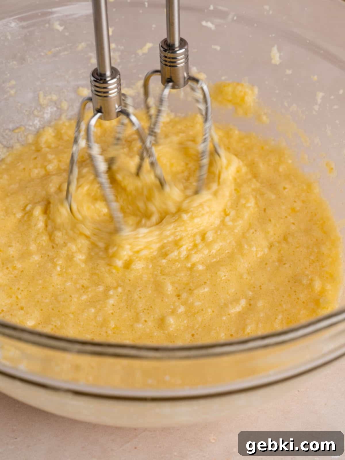Irresistible Lemon Raspberry Muffins 5 Mixing butter, sugar, lemon zest, eggs, and vanilla extract in a bowl with a hand mixer until fully combined.