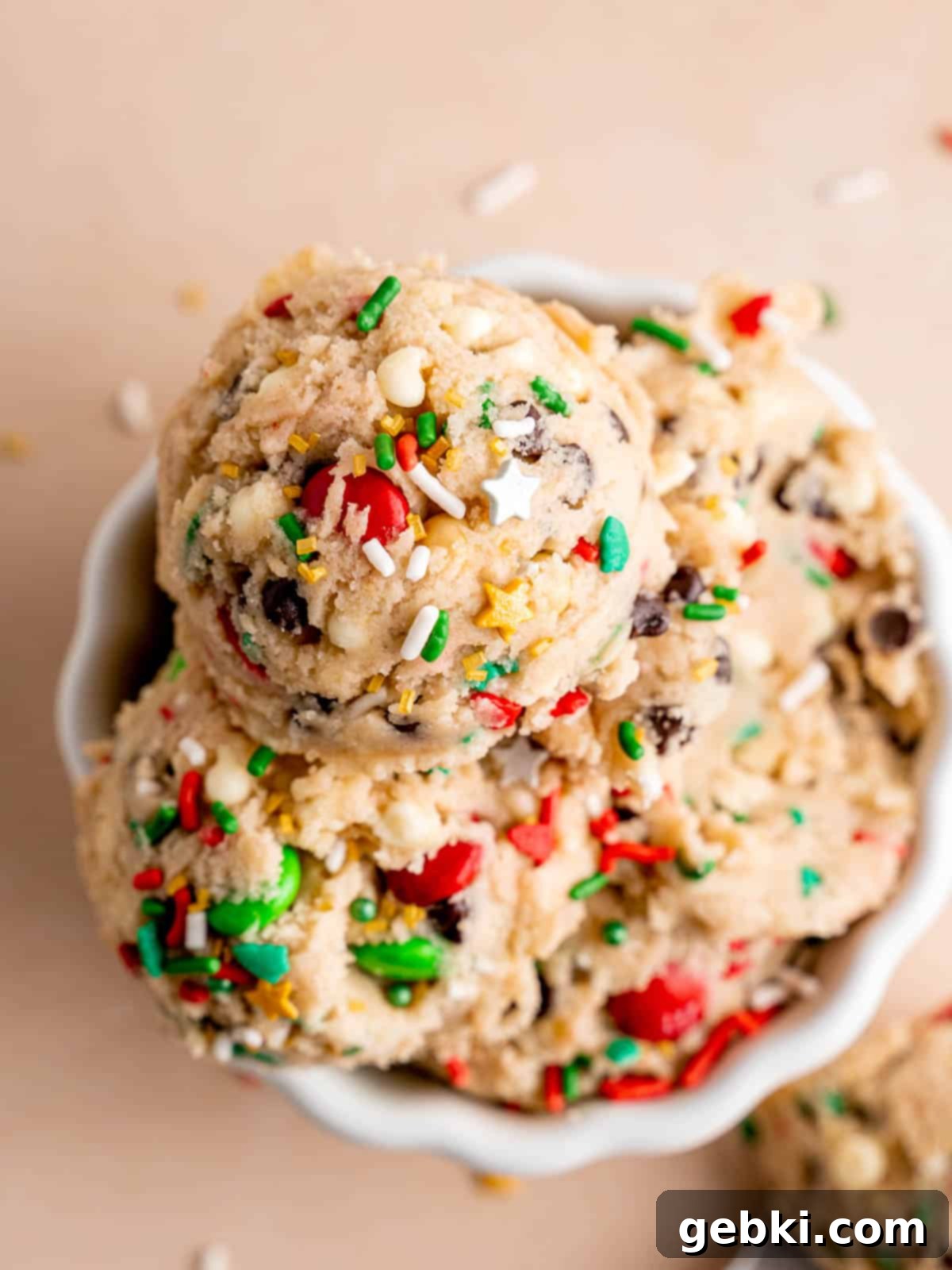 No Bake Chocolate Chip Bliss 4 Edible chocolate chip cookie dough with holiday sprinkles and Christmas M&Ms.