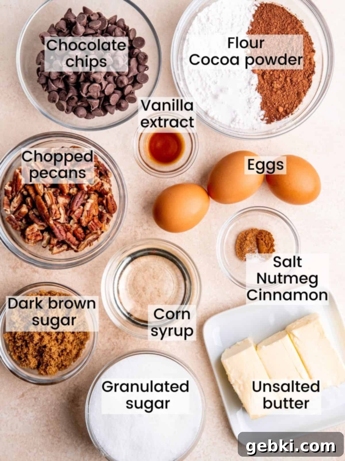 Fudgy Pecan Brownie Pie 3 Pecan brownie pie ingredients labeled and neatly arranged for baking.
