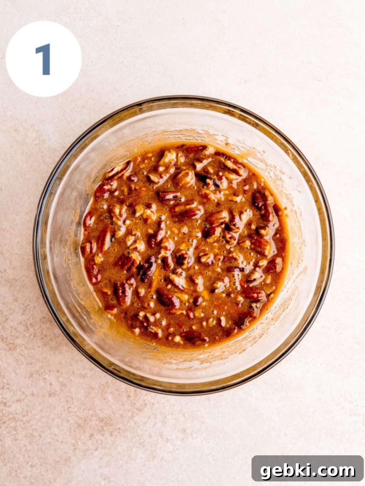 Fudgy Pecan Brownie Pie 4 Step 1: Preparing the pecan pie topping mixture.