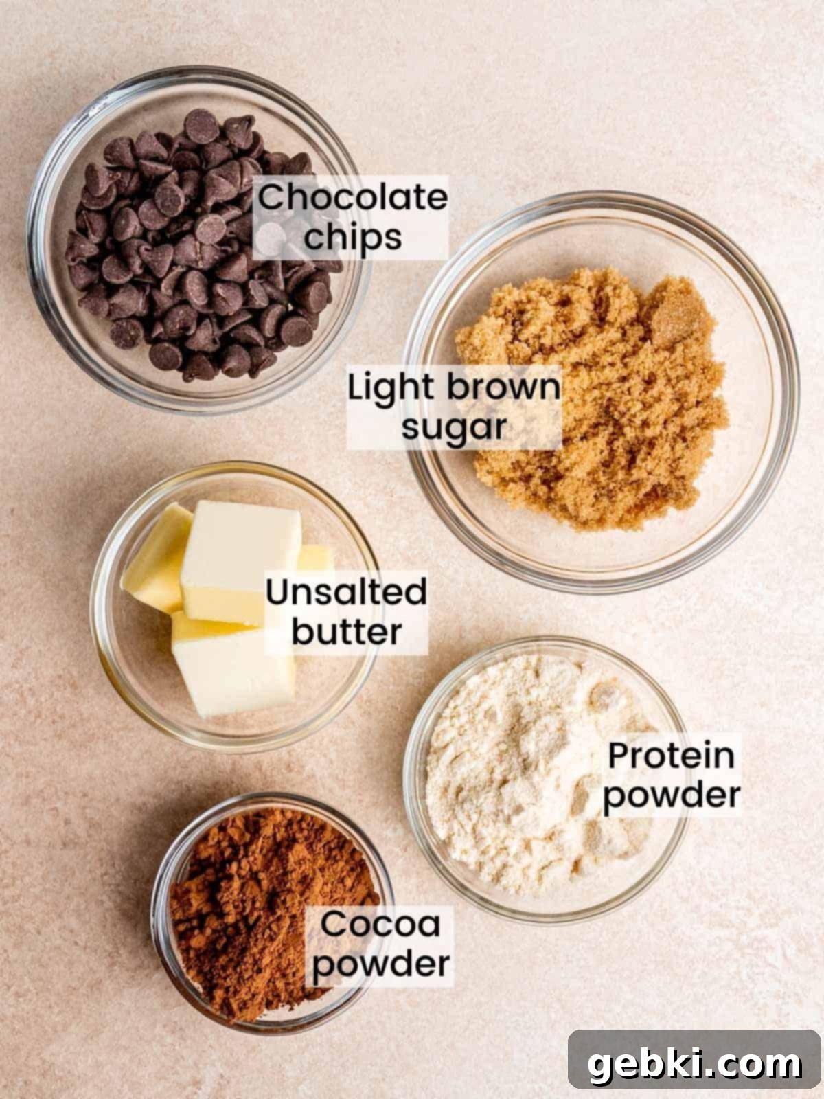 Spoonable Brownie Delight 3 brownie batter ingredients: chocolate chips, light brown sugar, unsalted butter, protein powder, cocoa powder