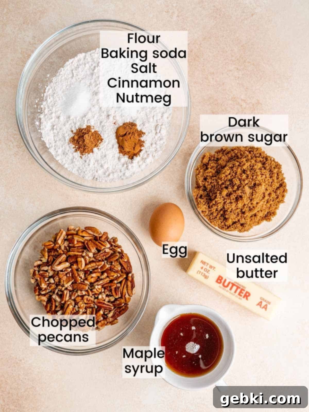Ingredients needed to make maple pecan cookies.