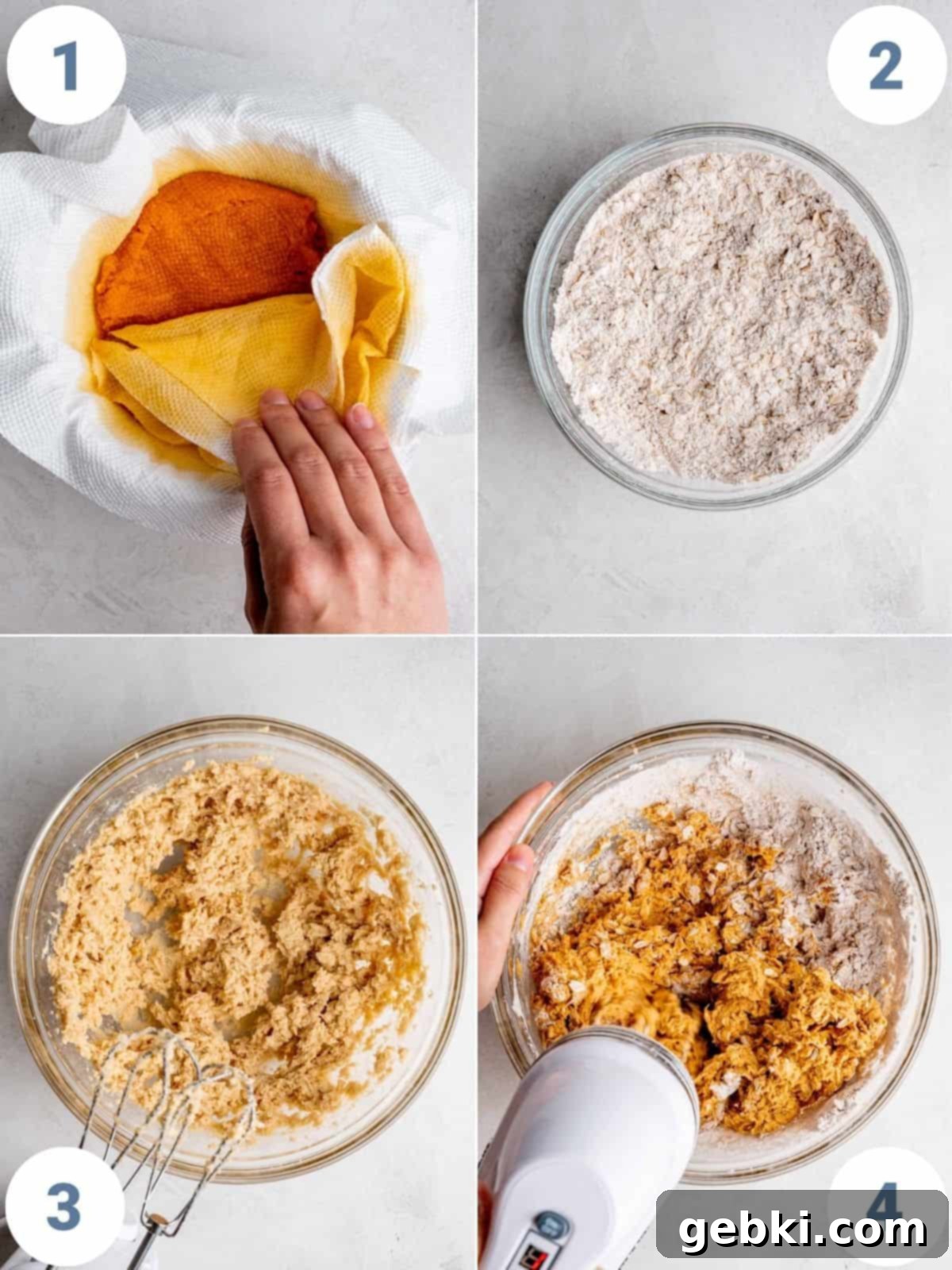 Creamy Pumpkin Cheesecake Oatmeal Cookies 4 A four-panel image illustrating the step-by-step process of making oatmeal pumpkin cookie dough: 1. Blotting pumpkin puree, 2. Mixing dry ingredients, 3. Creaming butter and sugars, 4. Combining all ingredients to form the dough.