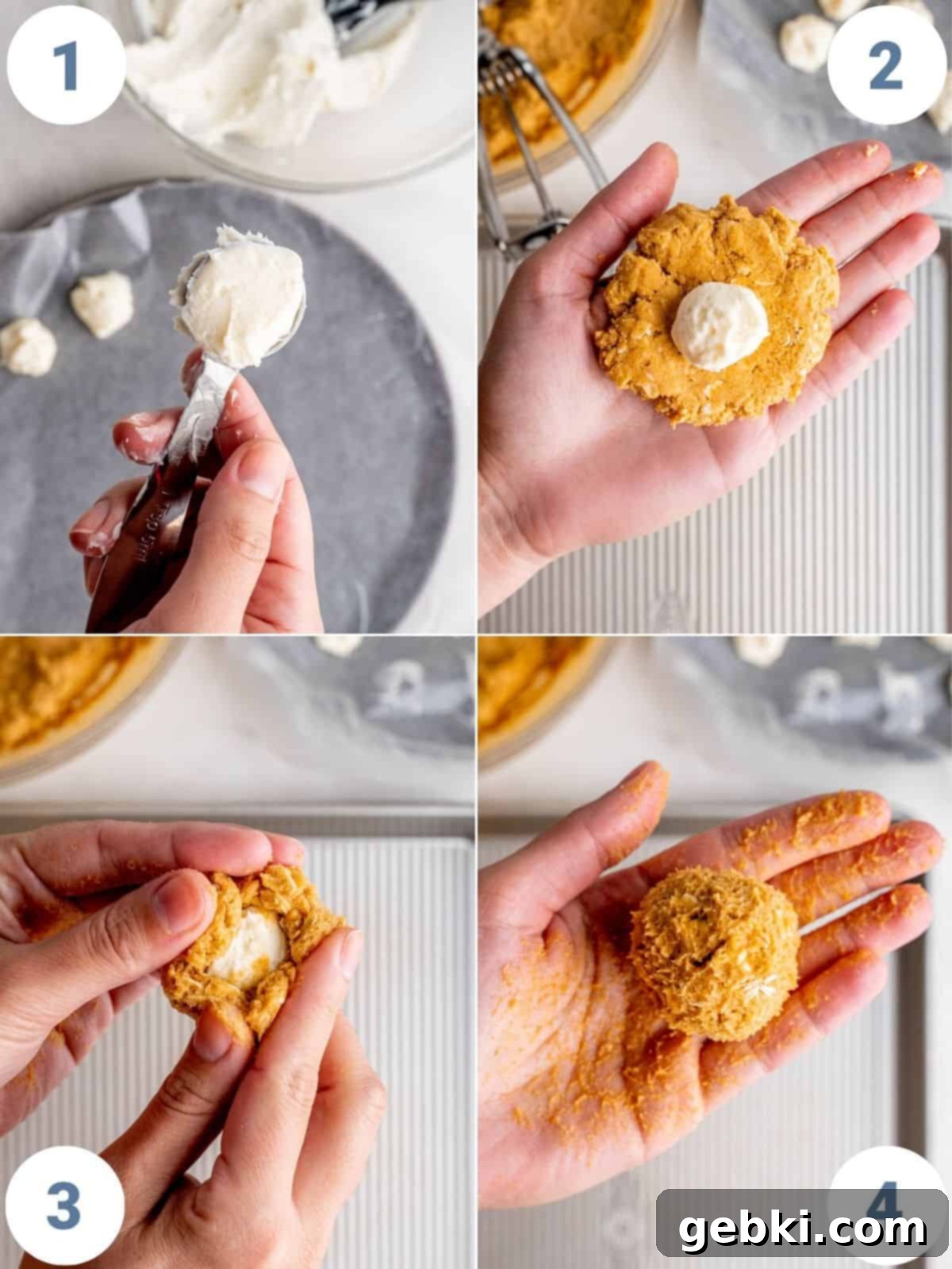 Creamy Pumpkin Cheesecake Oatmeal Cookies 5 A four-panel instructional image showing how to fill pumpkin cookie dough with cheesecake balls: 1. Making cream cheese balls, 2. Flattening cookie dough, 3. Placing filling on dough, 4. Sealing dough around filling to form a ball.