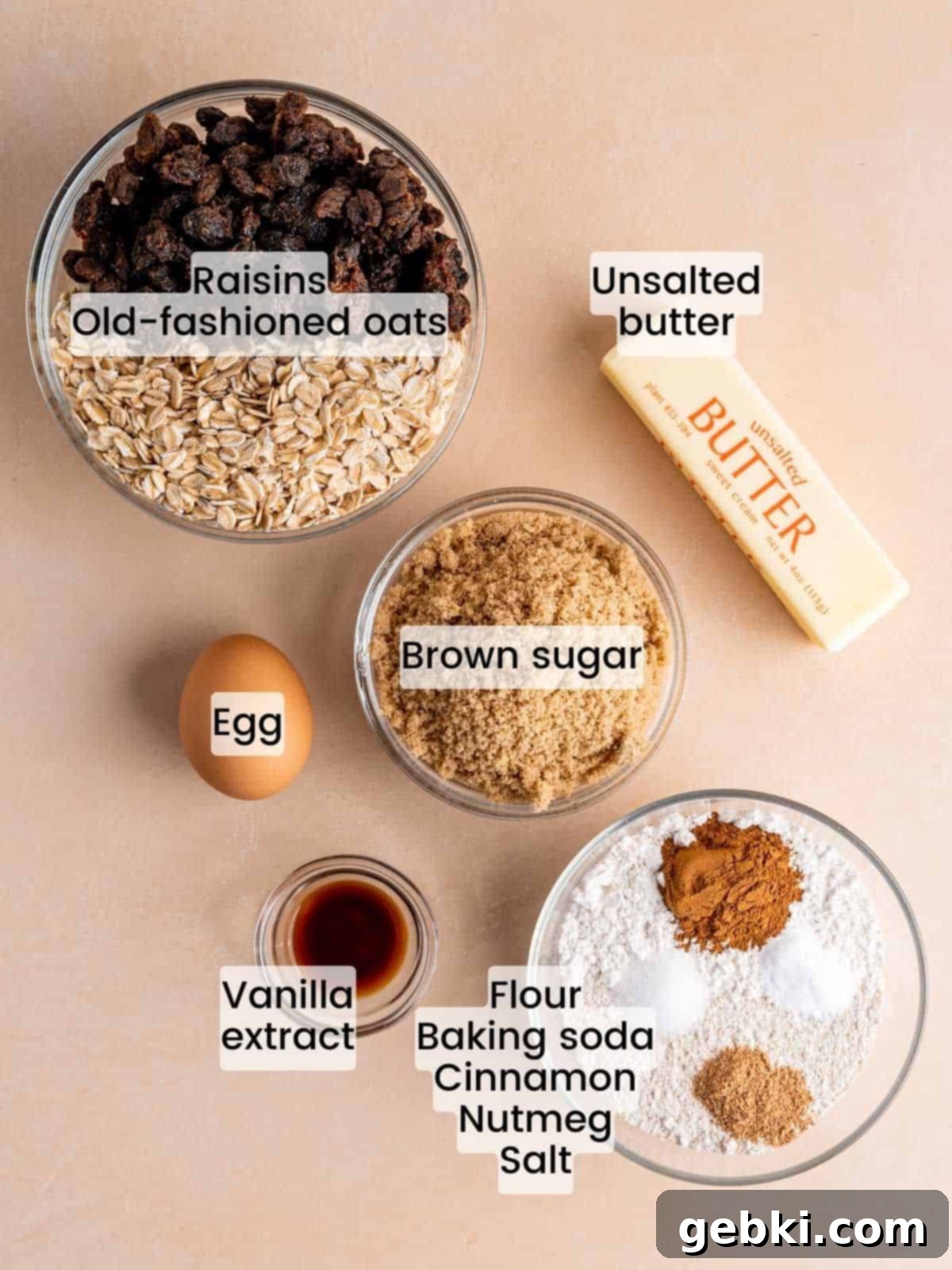 Classic Chewy Oatmeal Raisin Cookies 3 All ingredients laid out for making old fashioned oatmeal raisin cookies.