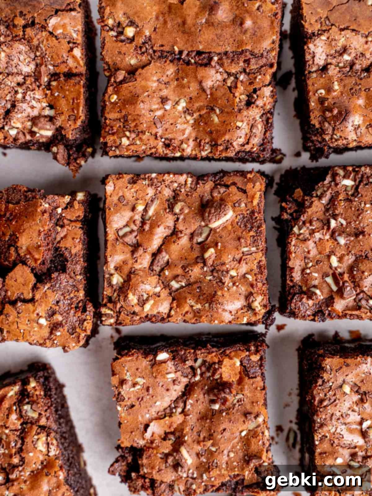 Top view of crackly top brownies with Andes mints, neatly cut into squares and showcasing their beautiful texture.