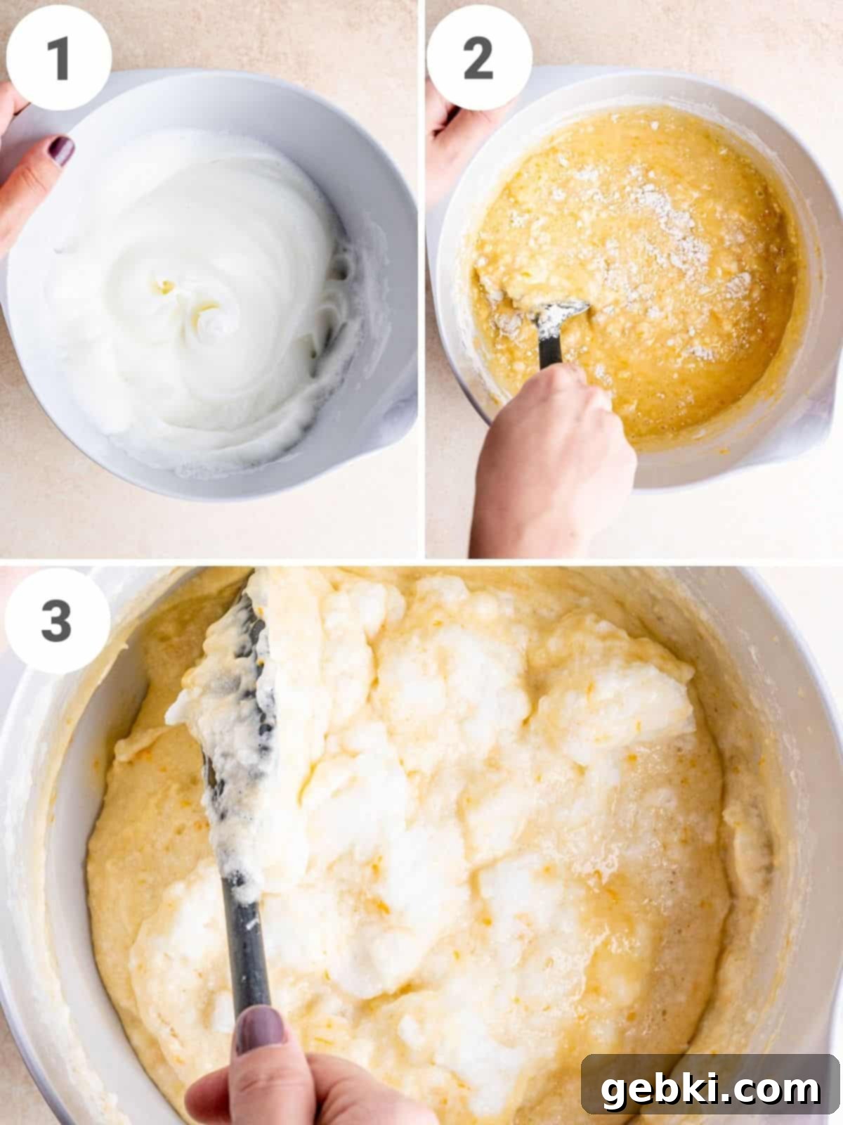 Zesty Orange Bundt with Tart Cranberry Glaze 4 Visual steps: separating eggs, mixing wet ingredients, and folding dry ingredients into bundt cake batter