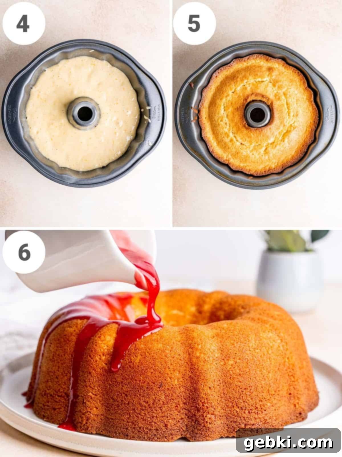Zesty Orange Bundt with Tart Cranberry Glaze 5 Visual steps: orange bundt cake batter in the pan, the freshly baked bundt cake, and the final cake being drizzled with vibrant cranberry glaze